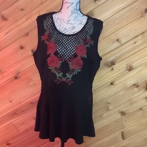 City Chic Black Top with Red Floral Design